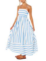 Vestido maxi chouyatou feminino listrado nas costas com blusa azul e branca Vestido maxi chouyatou feminino listrado nas costas com blusa azul e branca