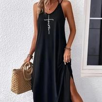 Vestido Maxi Com Estampa E Barra Curva, Vestido Sexy Sem Mangas Com Alças Finas E Caimento Solto Vestido Maxi Com Estampa E Barra Curva, Vestido Sexy Sem Mangas Com Alças Finas E Caimento Solto