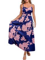 Vestido maxi CUPSHE de verão com alça espaguete franzida, floral marinho Vestido maxi CUPSHE de verão com alça espaguete franzida, floral marinho