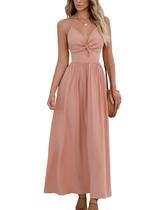 Vestido maxi CUPSHE, decote em V, sem mangas, plissado, recorte rosa