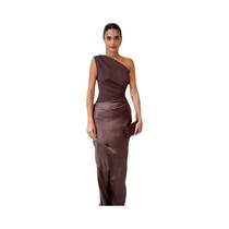 Vestido Maxi De Cetim Marrom Com Patchwork, Um Ombro, Sem Mangas, Para Mulheres, Elegante Para