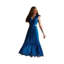 Vestido Maxi De Chiffon Azul Índigo Com Costas Abertas E Babados, Feito Sob Medida, Luxuoso, Vestido Maxi De Chiffon Azul Índigo Com Costas Abertas E Babados, Feito Sob Medida, Luxuoso,