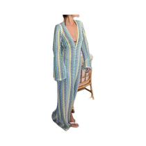Vestido Maxi De Crochê Com Listras Coloridas Para Mulheres, Manga Larga, Decote Em V Profundo,