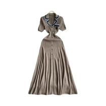 Vestido Maxi De Malha Vintage Com Gola Dobrável Elegante Modelo A-line Longo Da YuooMuoo
