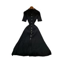 Vestido Maxi De Malha Vintage Com Gola Dobrável Elegante Modelo A-line Longo Da YuooMuoo