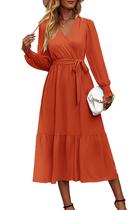 Vestido Maxi de Manga Larga con Cuello en V y Cruzado PRETTYGARDEN Rojo Ladrillo Talla L Vestido Maxi de Manga Larga con Cuello en V y Cruzado PRETTYGARDEN Rojo Ladrillo Talla L