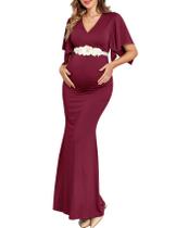 Vestido maxi de maternidade AISWI com faixa floral, decote em V, cor de vinho