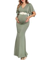 Vestido maxi de maternidade AISWI com faixa floral, decote em V, verde sálvia Vestido maxi de maternidade AISWI com faixa floral, decote em V, verde sálvia