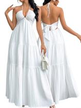 Vestido Maxi de Verão Narecte com Decote Halter e V Branco Tamanho L