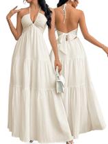 Vestido Maxi de Verão Narecte com Decote V e Alças Halter Bege