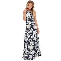 Vestido maxi de verão, praia, gola alta, estampa floral, feminino