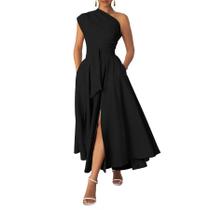 Vestido Maxi Ekaliy Ombro Único com Cinto Preto e Bolsos Vestido Maxi Ekaliy Ombro Único com Cinto Preto e Bolsos