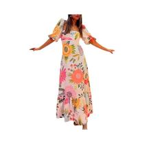 Vestido Maxi Elegante Feminino Com Estampa Floral, Cintura Alta, Manga Curta E Gola Quadrada Para
