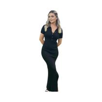 Vestido Maxi Elegante para Escritório - Moda Sólida, Gola Virada e Manga Curta Vestido Maxi Elegante para Escritório - Moda Sólida, Gola Virada e Manga Curta