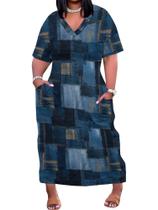 Vestido maxi EQQZD Plus Size com decote em V com estampa de jeans sintético com bolsos