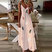 Vestido Maxi Estampado Com Plumas Em 8 Cores, Decote Em V, Confortável, Elástico, Casual, Para Todas