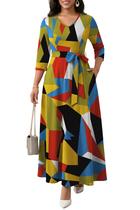Vestido maxi FANDEE para mulheres com decote em V, estampa africana, tamanho 2GG Vestido maxi FANDEE para mulheres com decote em V, estampa africana, tamanho 2GG