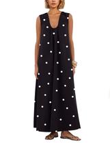 Vestido maxi feminino Ardrem sem mangas franzido com bolsos laterais Vestido maxi feminino Ardrem sem mangas franzido com bolsos laterais