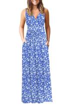 Vestido maxi feminino AUSELILY com decote em V profundo floral azul branco