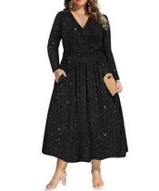 Vestido maxi feminino CARCOS, tamanho grande, decote em V, manga comprida, 4GG, preto Vestido maxi feminino CARCOS, tamanho grande, decote em V, manga comprida, 4GG, preto