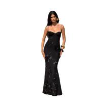 Vestido Maxi Feminino Com Decote Baixo E Alças Cruzadas, Sem Costas, Bordado Floral, Tendência De Vestido Maxi Feminino Com Decote Baixo E Alças Cruzadas, Sem Costas, Bordado Floral, Tendência De