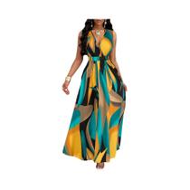 Vestido maxi feminino com estampa tropical, decote em V, seção de cintura, corte e flare Vestido maxi feminino com estampa tropical, decote em V, seção de cintura, corte e flare