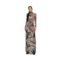 Vestido Maxi Feminino De Gola Alta Com Estampa Em Tela, Manga Comprida, Justo Ao Corpo, Tendência