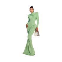 Vestido Maxi Feminino De Gola Alta, Costas Descobertas, Manga Longa, Elástico, Franzido, Elegante, Vestido Maxi Feminino De Gola Alta, Costas Descobertas, Manga Longa, Elástico, Franzido, Elegante,