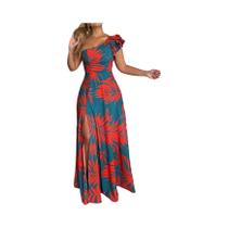 Vestido Maxi Feminino De Um Ombro Com Estampa Tropical, Estilo Casual Elegante Para Primavera, Verão