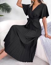 Vestido Maxi Feminino De Verão Com Decote Em V Plissado Chiffon Manga Curta Preto Vermelho Verde