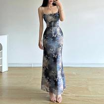 Vestido Maxi Feminino De Verão Com Estampa De Borboleta Sem Mangas Alça Estilo Preppy Sexy Baixo