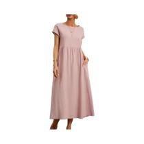 Vestido Maxi Feminino De Verão Vintage Harajuku Em Algodão E Linho Solto Com Decote Redondo E Mangas
