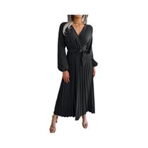 Vestido maxi feminino elegante com decote em V e manga comprida plissado
