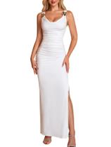 Vestido maxi feminino HTZMO com gola alta e fenda franzida branco XS
