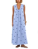 Vestido maxi feminino Livtany com gola redonda franzida e bolsos Vestido maxi feminino Livtany com gola redonda franzida e bolsos