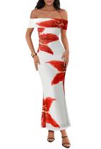 Vestido maxi feminino MEROKEETY com ombros largos, vermelho floral Vestido maxi feminino MEROKEETY com ombros largos, vermelho floral