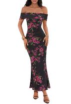 Vestido maxi feminino MEROKEETY, de ombros largos, floral, preto Vestido maxi feminino MEROKEETY, de ombros largos, floral, preto