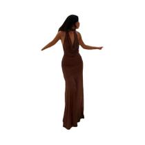 Vestido Maxi Feminino Ombro a Ombro Cor Sólida Decote V Profundo Nas Costas Plissado Sexy Com