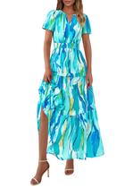 Vestido maxi feminino PRETTYGARDEN 2025, boho, floral, azul