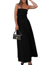 Vestido maxi feminino PRETTYGARDEN 2025, preto de primavera, com bolsos