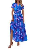 Vestido maxi feminino PRETTYGARDEN, boho, floral, azul, XXL