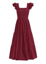 Vestido maxi feminino PRETTYGARDEN com ilhó de gola quadrada, vinho tinto