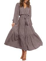 Vestido maxi feminino PRETTYGARDEN floral de manga comprida marrom Vestido maxi feminino PRETTYGARDEN floral de manga comprida marrom