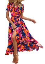 Vestido maxi feminino PRETTYGARDEN floral de verão com decote em V azul