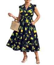 Vestido maxi feminino RITERA plus size 4X azul marinho com estampa de limão