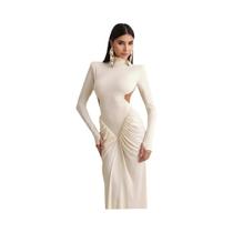Vestido Maxi Feminino Sem Costas, Manga Longa, Sem Cintura, Com Pregas, Elegante Para Banquete