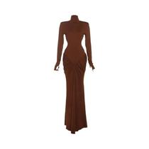Vestido Maxi Feminino Sem Costas, Manga Longa, Sem Cintura, Franzido, Efeito Bumbum De Pêssego,