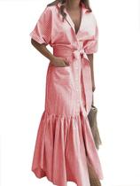 Vestido maxi feminino utcoco, casual de verão 2025, listrado com botões, gravata, cintura, manga curta, vestido com bolsos (médio, vermelho) Vestido maxi feminino utcoco, casual de verão 2025, listrado com botões, gravata, cintura, manga curta, vestido com bolsos (médio, vermelho)