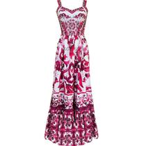 Vestido Maxi Feminino Vermelho, Azul e Branco - Decote V e Alças Finas - Estampa Floral