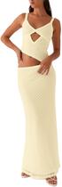 Vestido maxi feminino YOENAESGI, malha amarela, recortada, bodycon Vestido maxi feminino YOENAESGI, malha amarela, recortada, bodycon
